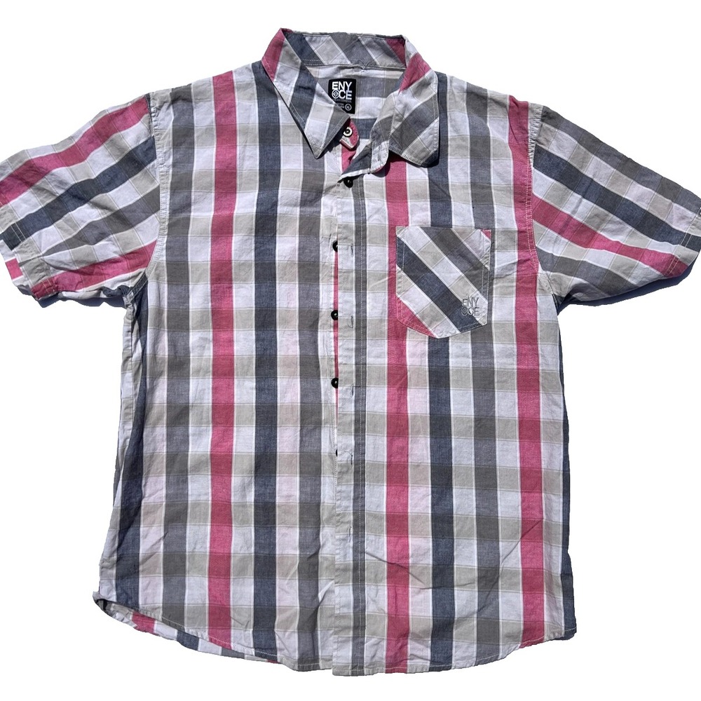 Enyce Shirt Mens XL Red Gray Plaid Short Sleeve Button Front Casual Summer